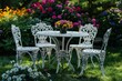 © JIALU - White Metal Outdoor Furniture Set with Floral Pattern in Garden Surrounded by Colorful Flowers, High-Resolution Photography
