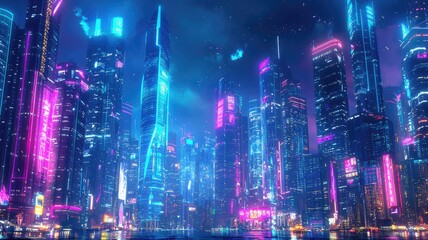 Wall Mural - Vibrant futuristic cityscape illuminated by neon lights, showcasing stunning architecture against a twilight sky.