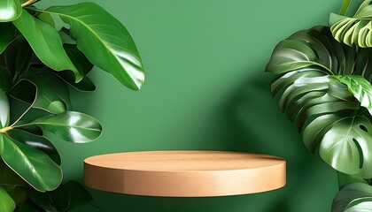 Wall Mural - Abstract e-commerce display featuring a green leaf solid wood product stand, creating a natural and modern backdrop