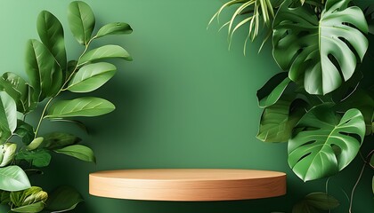 Wall Mural - Abstract e-commerce display featuring a green leaf solid wood product stand, creating a natural and modern backdrop