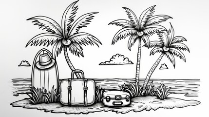 Wall Mural - Simple line art illustration of a tropical island with palm trees, surfboards, and luggage. Features two coconut palms with a hat, suitcase, and sunglasses, all outlined in thick lines.