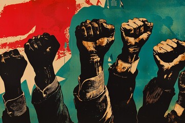 retro posters highlighting unity, fairness, and communal spirit are displayed in an urban art space,