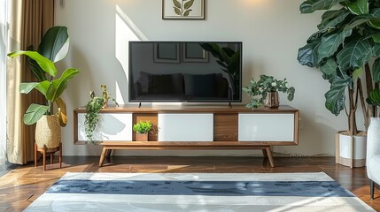 Simple Mid-Century Modern White and Walnut Wood TV Stand with Two Doors in Apartment Living Room