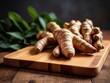 © Ta Sher - Fresh Ginger Root on Wooden Cutting Board.