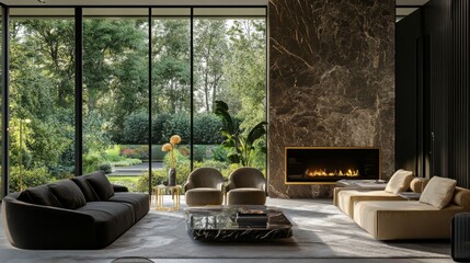 Designer living room featuring a marble fireplace, velvet seating, gold accents, and a large glass window framing a beautiful garden.