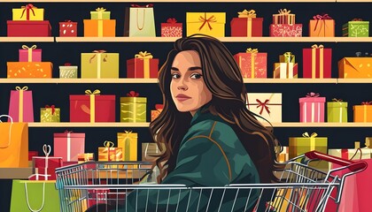 Playful girl enjoying a shopping adventure in a cart filled with colorful gift boxes and bags, vector illustration