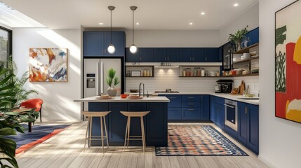 Open-concept kitchen with deep blue cabinets, white walls, and vibrant decor accents, creating a bright and inviting space