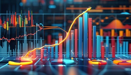 Wall Mural - 3D Rendered Graphic of Economic Growth with Bar Charts and Business Data Analysis Visualizations