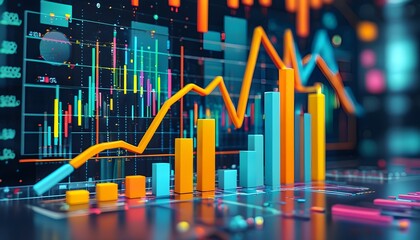 Wall Mural - 3D Rendered Graphic of Economic Growth with Bar Charts and Business Data Analysis Visualizations