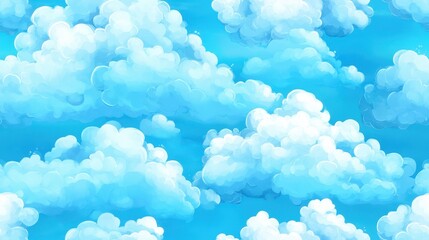 Wall Mural - cartoon-style seamless pattern of fluffy white clouds on a bright blue sky background. perfect for p