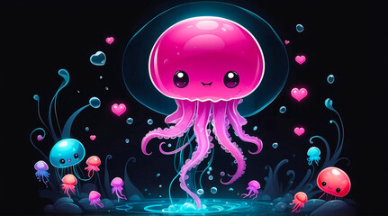 Cute baby small jellyfish with bubble water, heart shapes, black background mixing a luminescent love funny. Generative AI Technology