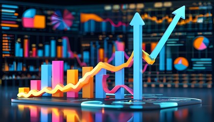 Wall Mural - 3D Rendered Graphic of Economic Growth with Bar Charts and Business Data Analysis Visualizations