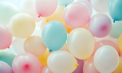 Wall Mural - Close up of pastel balloons floating in the air.