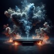 © Ayahe Stock - A 3D render of a black podium with dramatic scene of fire and smoke rising