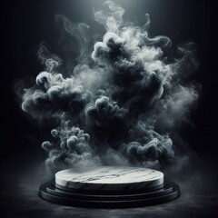 Wall Mural - a 3d render of a black marble podium with dramatic scene of white smoke rising up
