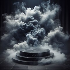 Wall Mural - a 3d render of a black marble podium with dramatic scene of white smoke rising up
