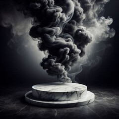 Wall Mural - a 3d render of a black marble podium with dramatic scene of white smoke rising up
