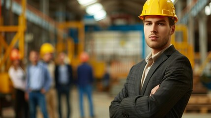 Poster - A man in a hard hat and a suit stands in front of a group of people