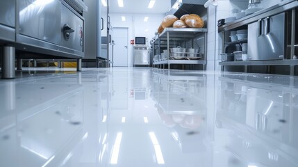 Poster - A kitchen with a white floor and a counter with bread on it