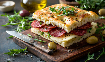 Close-up of a delicious focaccia sandwich with salami, cheese and fresh herbs.