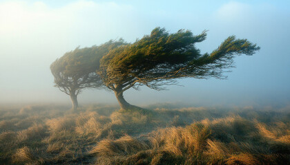 Two trees with windswept branches growing in foggy field