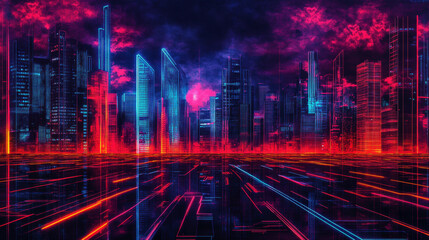 Poster - A cityscape with neon lights and a glowing sky