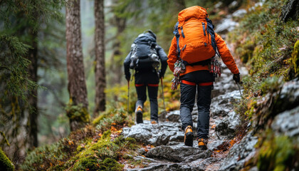 Two male hikers walking up rocky trail in lush green forest