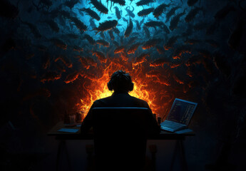 Poster - A man sits at a desk with a laptop and a cup of coffee