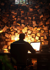 Poster - A man sits at a desk with a computer and stacks of papers
