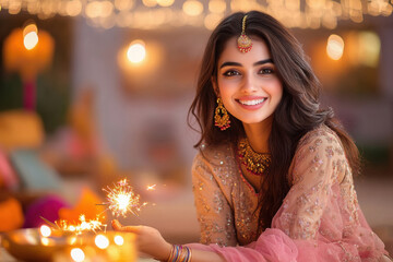 Sticker - young indian girl holding sparklers on diwali festival