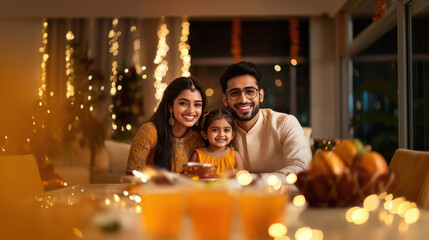 Wall Mural - happy indian family celebrating diwali festival at home