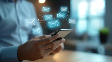 Businessman's hand holding a smartphone, typing an email, professional setting with a blurred office background