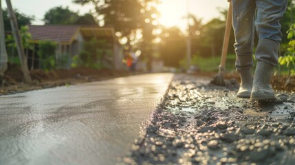 Poster - A man is working on a sidewalk, using a shovel to spread concrete