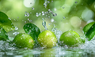 Wall Mural - Refreshing limes splashing in water with green leaves.