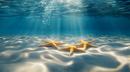 Three starfish on a white sandy seabed with sunbeams shining through the water.