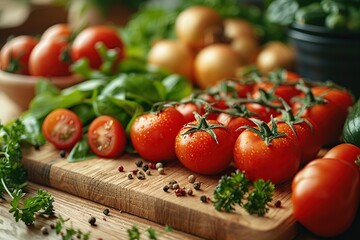 Wall Mural - Fresh Red Tomatoes on Wooden Board