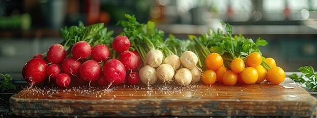 Wall Mural - Fresh Radishes, Turnips, and Yellow Cherry Tomatoes on a Wooden Board