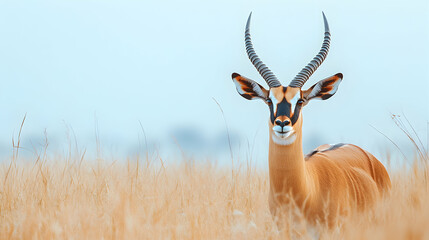 Wall Mural - A graceful gazelle with long horns stands tall in a field of tall grass.