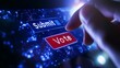© PixelPlace - A close-up of a finger pressing the 'Vote' button on a glowing digital screen, symbolizing electronic voting, online elections, and technological engagement.