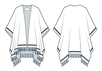 Canvas Print - Poncho Coat technical fashion illustration. Cape Jacket fashion flat technical drawing template, tassel trim, front and back view, white, women, men, unisex CAD mockup.