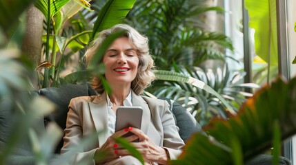 Wall Mural - A woman is sitting in a chair with a cell phone in her hand