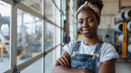 Aufkleber - A woman wearing a blue apron and a headband is smiling for the camera