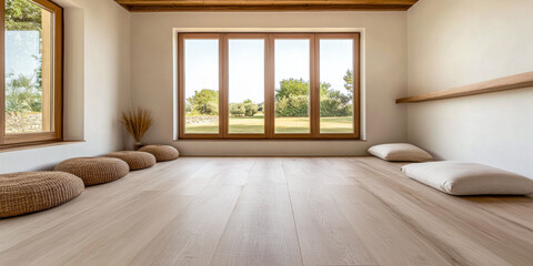 Minimalist rustic meditation a room with cushions, minimal wood furniture and a large window filling the space with natural lighting. Calming residential interiors in beige tones