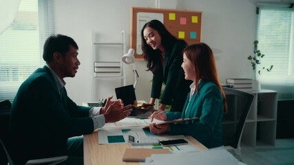 Poster - Team members engage in a productive meeting, discussing business strategies and sharing innovative ideas in a modern office environment. Collaboration drives success and growth