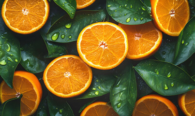 Wall Mural - Freshly sliced oranges arranged on a bed of green leaves with water droplets.