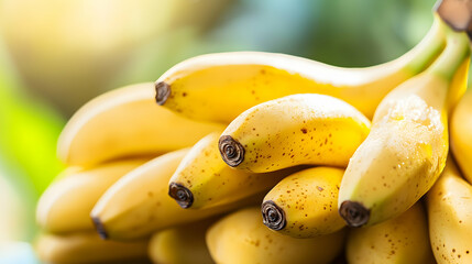 Close-up image of ripe yellow bananas with a soft focus green background.