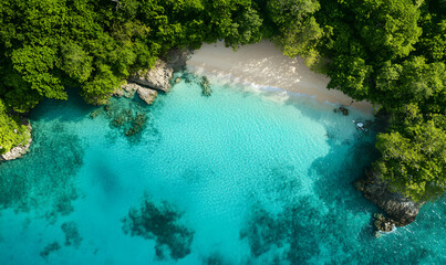 Wall Mural - Aerial view of a secluded beach with crystal clear turquoise waters.