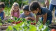 © sirisakboakaew - Educational farming activity for children, showing a group of kids learning to plant, water, and harvest strawberries in a community garden