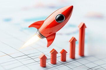 Poster - Red rocket launching amid upward arrows on a chart background, symbolizing business growth and success. Ai generative.