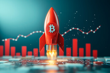 Poster - Rocket with Bitcoin symbol launching, indicating cryptocurrency growth, against a chart background.